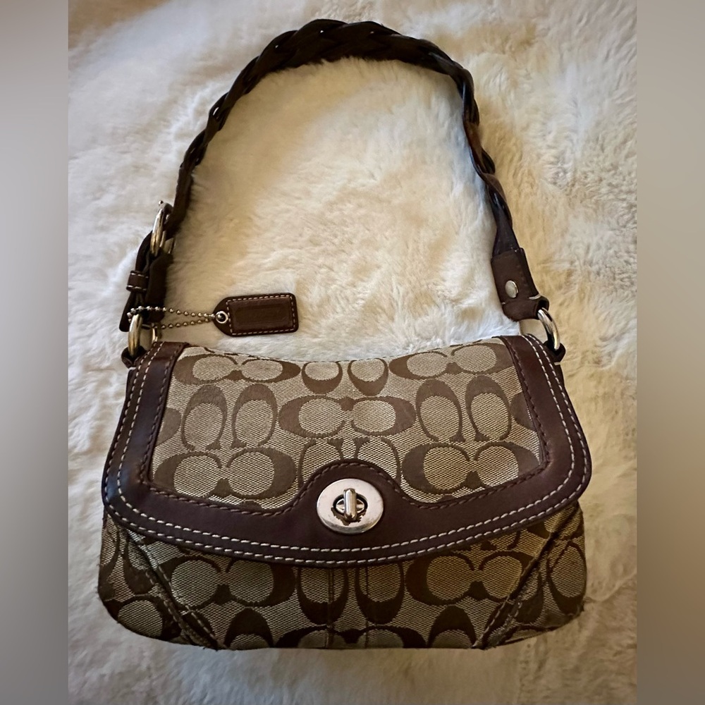 COACH Handbag #G0794-11013 Vintage Brown Khaki Silver Braided Strap Small Flap